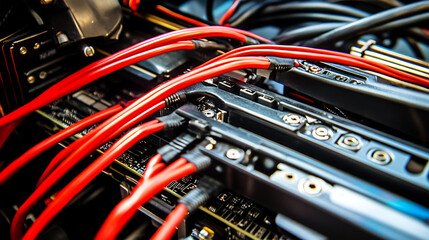 Obraz premium Close-up of Red Cables Connected to Network Switch