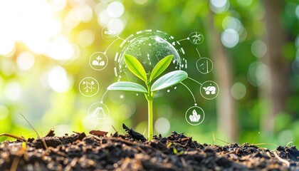 A small green sprout emerging from soil, surrounded by environmental icons, against a blurry green background with sunlight