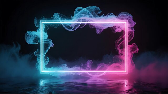 A glowing neon square frame illuminated with vibrant blue and pink light surrounded by ethereal wisps of colorful smoke against a dark background