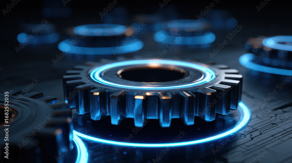 Poster high tech gears with glowing blue accents are arranged on dark surface, showcasing intricate details