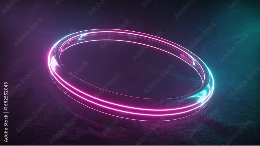 Poster abstract glowing neon ring with vibrant pink and cyan light trails creating a futuristic and etherea
