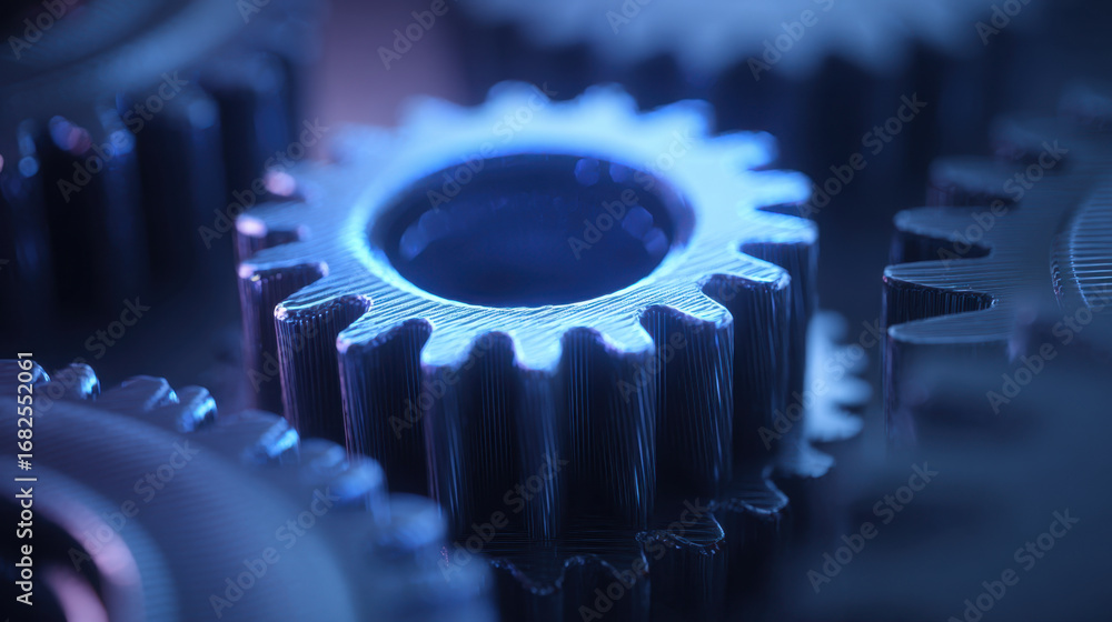 Poster gears in close up view, showcasing intricate details and textures, illuminated with blue light, crea