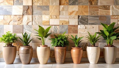 Diverse potted plants sit against a textured tile wall, creating a vibrant indoor garden scene with varying foliage and pot styles