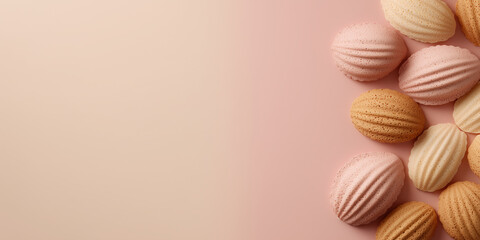 Obraz premium Madeleine cookies on the right, empty space on the left, soft pastel pink and beige tones, high-resolution, photorealistic, elegant minimalistic composition. 