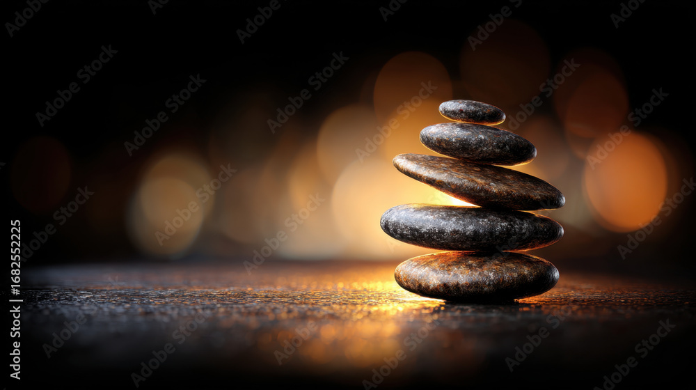 Poster balanced stones create serene and calming atmosphere, symbolizing harmony and tranquility. soft glow