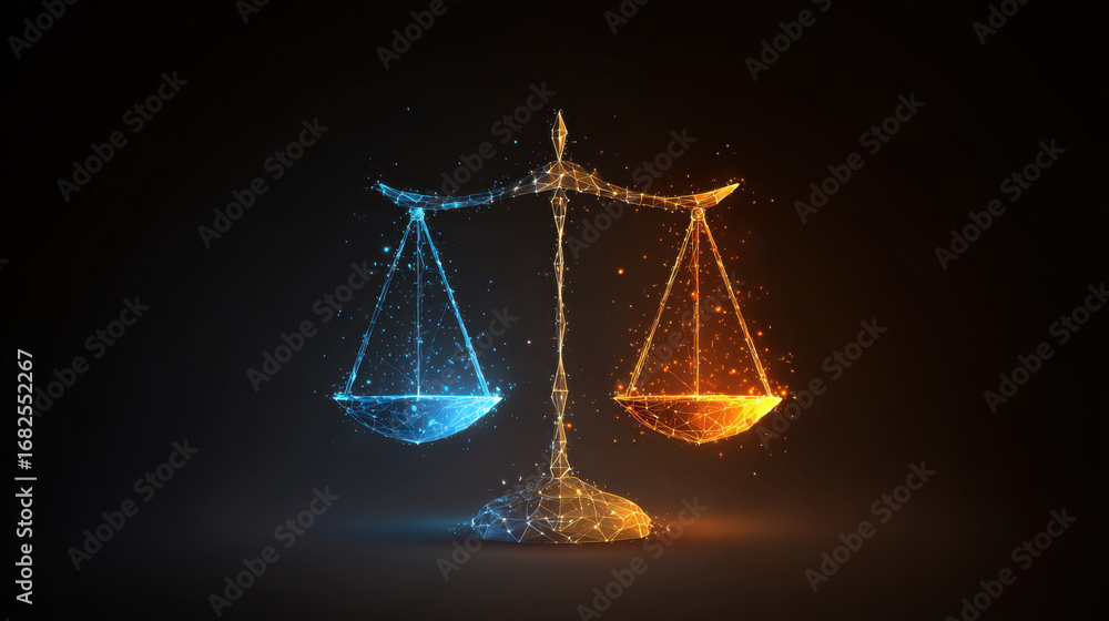 Poster digital scales represent balance and justice, featuring blue and orange color scheme. scales are com