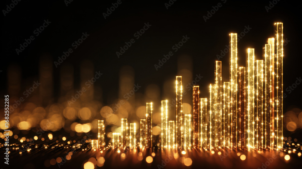 Poster golden bars rise in dynamic display, representing data visualization and growth. shimmering lights c
