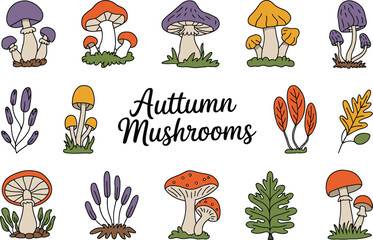 Naklejka premium Autumn Mushrooms A Collection of Colorful Fall Fungi Illustrations