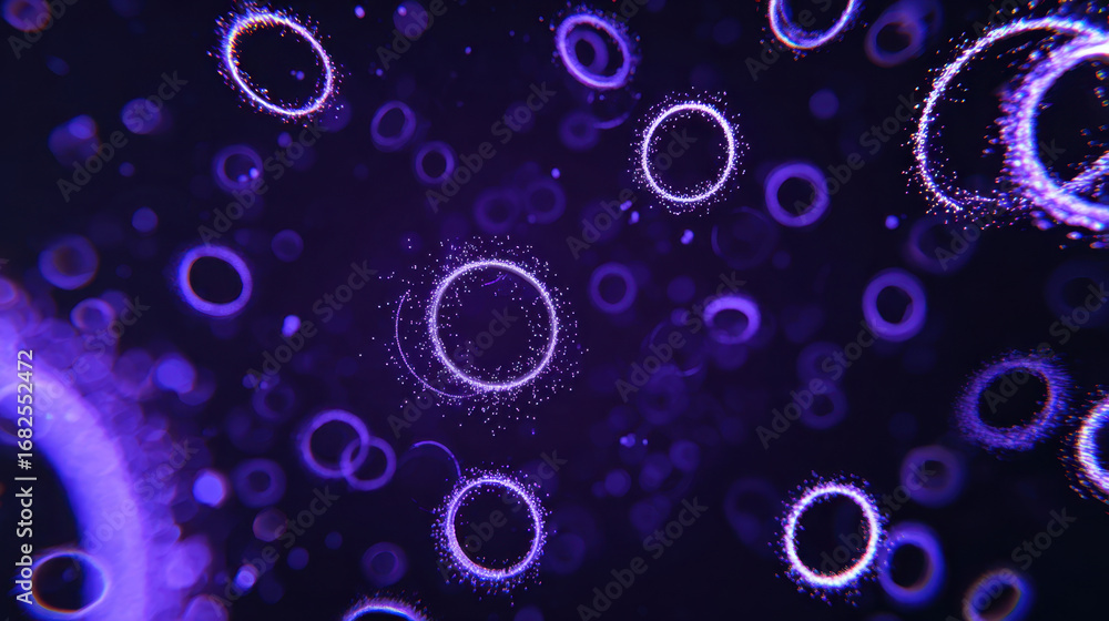Poster vibrant purple circles float in dark background, creating mesmerizing abstract pattern. glowing ring