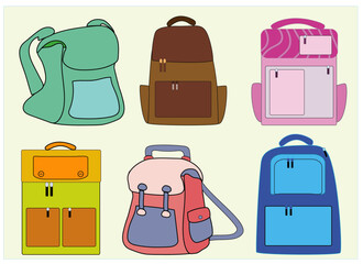 Colorful school bags icons set, Variety of bright backpacks for schoolchildren, students, travelers and tourists flat vector illustrations. Fashionable bags for kids and adults. Back to School