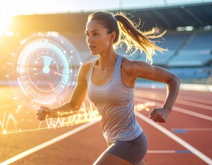 Athlete Running on Track with Digital Performance Visualization Overlay