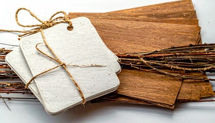 Textured tags stacked with twine, nestled amidst wood veneers and twigs on a plain background. Rustic, natural, and minimalist composition
