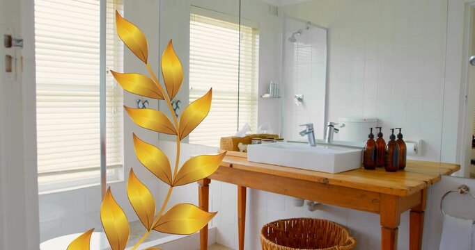 Animation of yellow leaf illustration over modern bathroom interiors