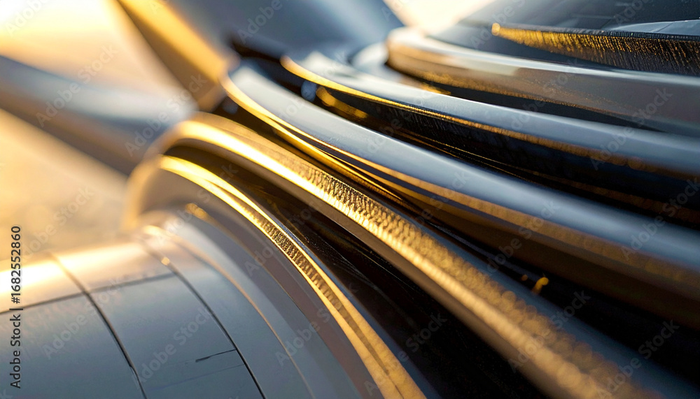 Poster metallic curves: an artistic close-up captures the sleek, reflective surfaces of a metallic structur