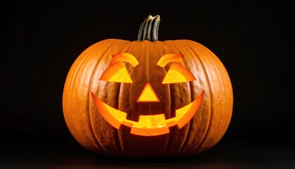 Carved orange pumpkin illuminated from within, featuring a classic jack-o'-lantern face with a triangle nose and smiling mouth on a stark black background
