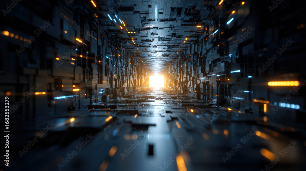 Poster futuristic tunnel with glowing lights and intricate patterns creates sense of depth and mystery. bri