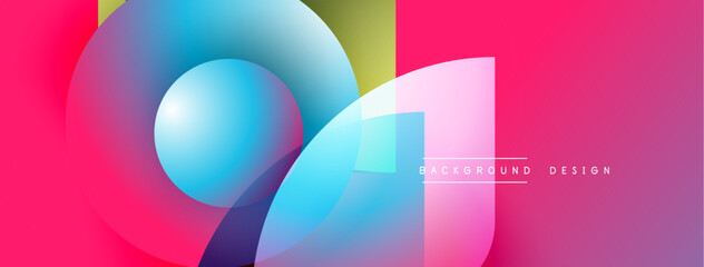 Abstract vibrant shapes overlap. Gradient colors blend, creating modern visual effect. Pink dominates background. Design feels dynamic, fluid.