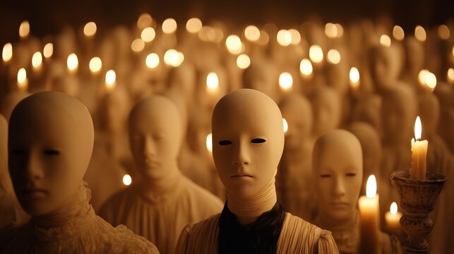 Creepy Masked Figures in Candlelit Ritual Scene