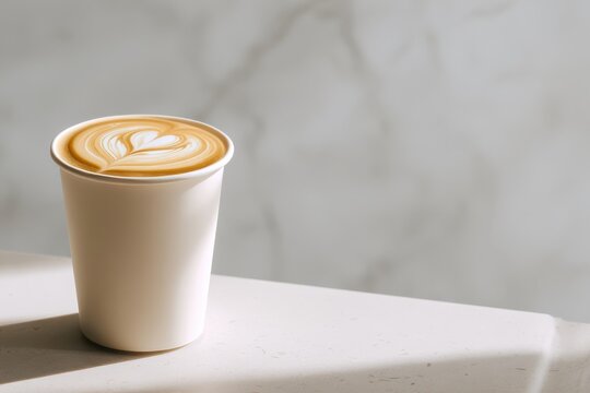 Minimalist coffee cup on a white counter edge, hot latte with perfect heart-shaped latte art, plain white paper cup