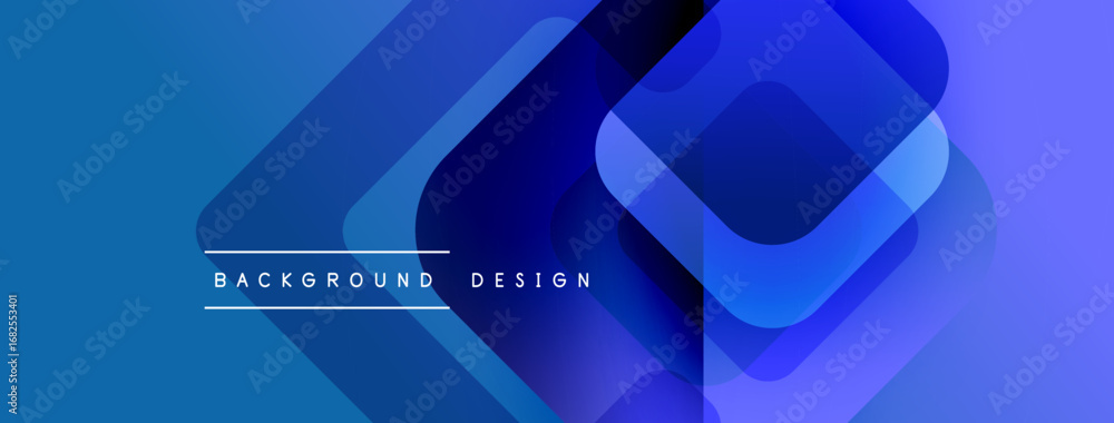 Poster abstract geometric shapes overlap, creating vibrant blue gradients. text reads background design. mo