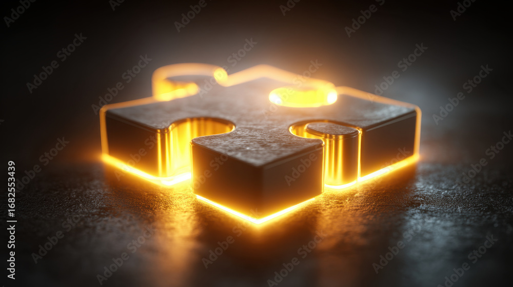 Poster Glowing puzzle piece sits on dark surface, illuminated by warm orange light that highlights its edges and texture, creating captivating visual effect