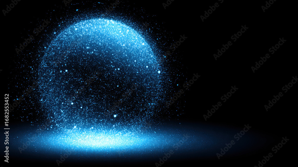 Poster glowing blue sphere of sparkling particles creates mesmerizing visual effect against dark background