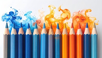 A row of blue-to-orange pencils are arranged in front of swirls of vibrant, corresponding colored smoke on a white background