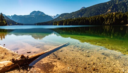 Scenic lake reflecting mountains and forests, with clear water showing the sandy bottom and a log on the shore under a sunny, bright blue sky