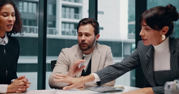 Business people, discussion and stress at meeting with architect for property development company. Man, women and ignore insight with blueprint, review or frustrated for real estate project at office