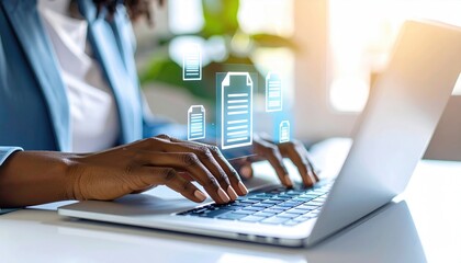 Person types on laptop with digital document icons floating. Business attire, warm sunlight, clean workspace. Focus on productivity and technology
