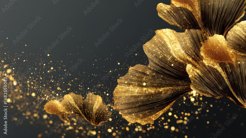 Poster golden ginkgo leaves gracefully swirl against dark background, creating mesmerizing display of shimm
