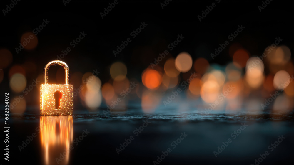 Poster golden padlock stands prominently against blurred background of colorful bokeh lights, symbolizing s