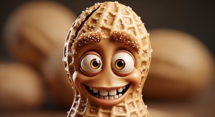 Smiling Animated Peanut Character with Expressive Eyes and Salt Crystals on Brown Background