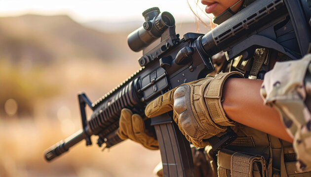 Armed soldier aiming rifle with scope in outdoor environment, ready for action and combat