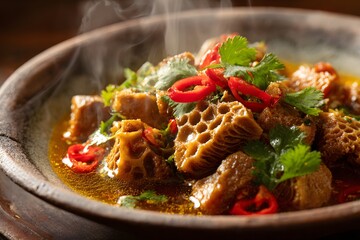Close-up of juicy honeycomb tripe stew in rustic clay pot.