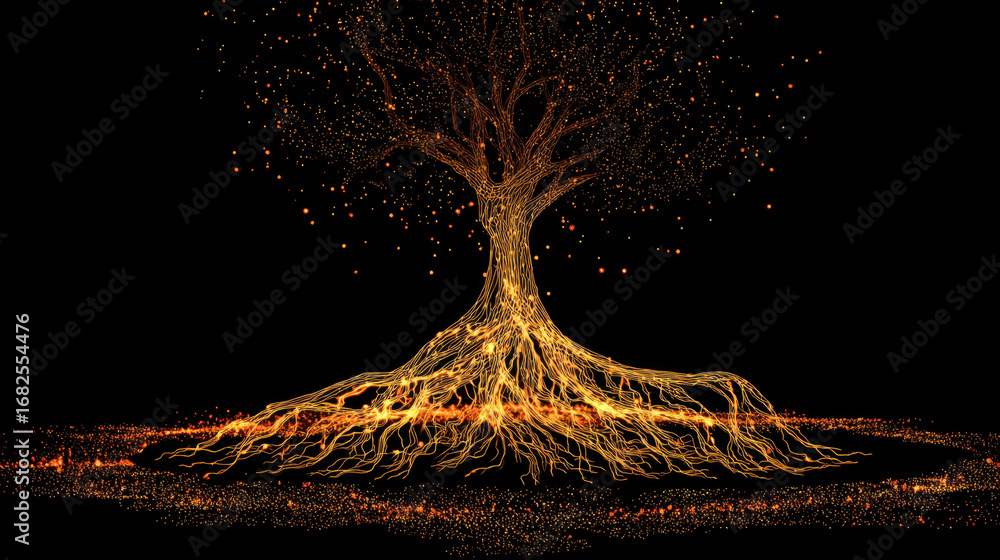 Poster glowing tree with intricate branches and roots, illuminated by warm, fiery light against dark backgr