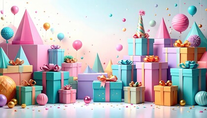 An array of pastel-colored wrapped gifts & orbs amidst confetti, with triangular shapes against a gradient background, evoking a celebratory atmosphere