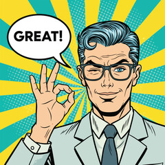 A confident pop art style man in glasses winking and making an okay hand gesture.