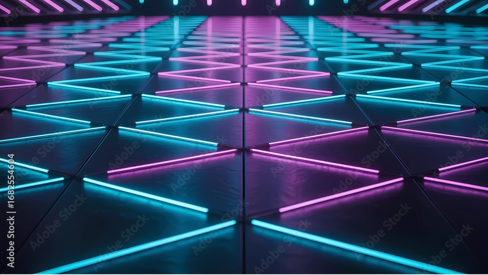 Poster geometric pattern of glowing neon blue and pink lights creating a futuristic tunnel effect on a refl