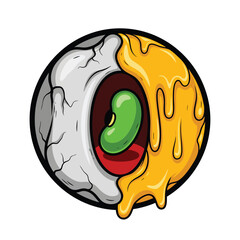 A creepy cartoon monster eyeball with a cracked surface green bean pupil and dripping yellow slime.