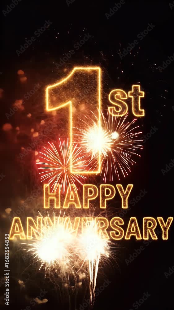Poster animated golden anniversary fireworks with illuminated number 1 and text on black background