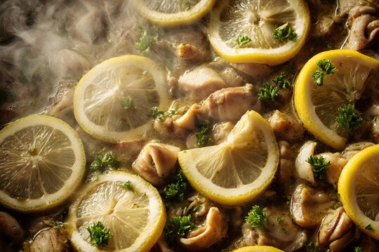 Close-up overhead view of juicy chitterlings with lemon slices and fresh parsley.