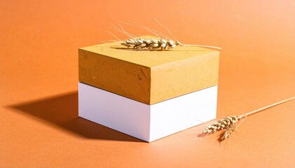 Abstract still life a two-tiered block (yellow atop white) is adorned with dried wheat on orange backdrop, creating a minimalist, rustic composition