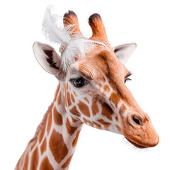 Obraz premium Close-Up Portrait of a Giraffe Showcasing Unique Patterns and Features Against a Dark Background