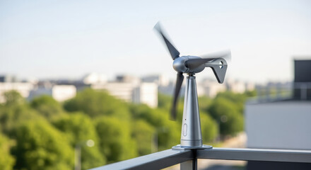 Small wind turbine spinning on balcony railing with cityscape and green trees in background, promoting net zero emissions and environment care
