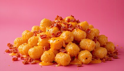 A Vibrant Mountain of Golden Potato Tots with Dripping Cheese and Crispy Bacon Bits