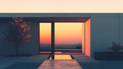Modern architecture featuring an elegant entrance with serene sunset hues.