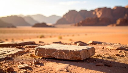 Sunny desert scene with focus on flat rock, desert mountains in background. Natural light. Warm colors. Simple, calm scene. Textural elements