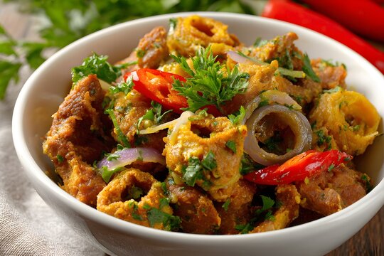 Top view close-up of chitterlings mixed with vegetables and fresh herbs in a bowl.