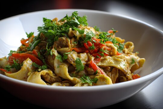 Top view close-up of chitterlings mixed with vegetables and fresh herbs in a bowl.
